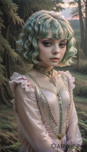 1girl,solo,breasts,looking at viewer,short hair,bangs,long sleeves,dress,jewelry,green eyes,collarbone,upper body,hairband,small breasts,outdoors,frills,parted lips,green hair,choker,artist name,signature,necklace,white dress,blurry,flat chest,tree,lips,see-through,eyelashes,aqua hair,makeup,depth of field,blurry background,wavy hair,own hands together,gem,nature,pendant,eyeshadow,forest,curly hair,realistic,nose,mascara,hair ornament,hairclip,bracelet,night,moon,full moon,freckles