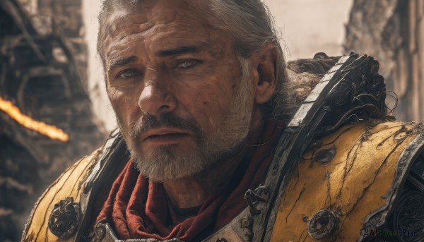 solo,looking at viewer,short hair,1boy,brown eyes,closed mouth,upper body,white hair,grey hair,male focus,outdoors,scarf,armor,blurry,grey eyes,blurry background,facial hair,scar,shoulder armor,portrait,beard,pauldrons,mature male,realistic,mustache,manly,old,old man,lips,close-up,science fiction,serious,damaged