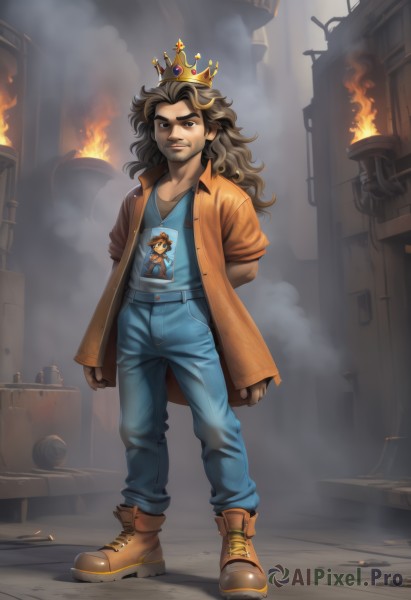 solo,long hair,looking at viewer,brown hair,shirt,1boy,brown eyes,standing,jacket,full body,short sleeves,male focus,boots,open clothes,pants,signature,open jacket,coat,facial hair,brown footwear,thick eyebrows,fire,crown,blue shirt,denim,beard,smoke,brown jacket,jeans,mustache,blue pants,overalls,print shirt,orange jacket,crate,gloves,teeth,arms behind back,brown gloves