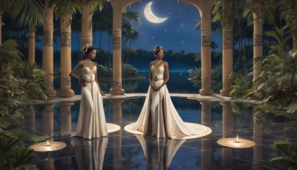 long hair,breasts,short hair,multiple girls,brown hair,black hair,hair ornament,dress,2girls,cleavage,bare shoulders,jewelry,medium breasts,standing,flower,earrings,outdoors,sky,hair flower,dark skin,water,hair bun,white dress,dark-skinned female,tree,hand on hip,strapless,night,moon,plant,crescent,star (sky),nature,night sky,scenery,strapless dress,starry sky,reflection,long dress,candle,crescent moon,pillar,lake,palm tree,very dark skin,gown,reflective floor