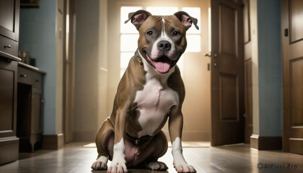 HQ,solo,looking at viewer,brown eyes,full body,tongue,indoors,tongue out,no humans,animal,dog,realistic,door,animal focus,horror (theme),open mouth,collar,shelf,animal collar,cabinet