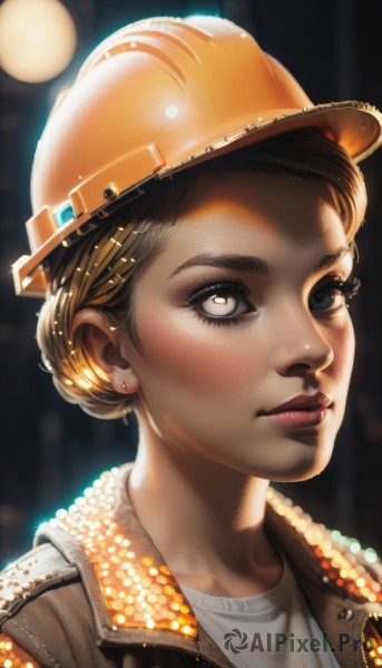 1girl,solo,short hair,blue eyes,blonde hair,brown hair,shirt,hat,jewelry,jacket,earrings,lips,grey eyes,eyelashes,heterochromia,looking away,helmet,portrait,freckles,realistic,nose,leather,leather jacket,hardhat,hair ornament,brown eyes,closed mouth,white shirt,upper body,hairclip,artist name,hair bun,blurry,makeup,single hair bun,lipstick,backlighting,bokeh