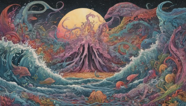 outdoors,sky,water,no humans,night,ocean,animal,traditional media,moon,star (sky),night sky,scenery,tentacles,full moon,starry sky,fish,monster,space,watercraft,giant,planet,shell,waves,octopus,coral,eldritch abomination