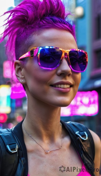 1girl,solo,breasts,smile,short hair,cleavage,jewelry,collarbone,upper body,ponytail,pink hair,purple hair,earrings,teeth,dark skin,necklace,bag,grin,blurry,vest,dark-skinned female,lips,makeup,blurry background,piercing,sunglasses,backpack,tank top,high ponytail,lipstick,portrait,realistic,nose,stud earrings,undercut,tinted eyewear,mohawk,aviator sunglasses,pink-tinted eyewear,looking at viewer,jacket,parted lips,ear piercing,freckles,leather