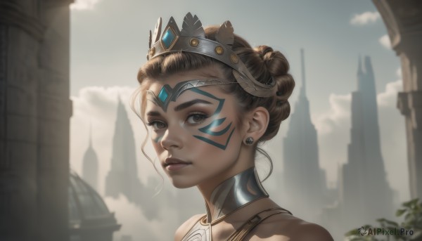 1girl,solo,looking at viewer,short hair,brown hair,bare shoulders,brown eyes,jewelry,closed mouth,braid,earrings,outdoors,parted lips,sky,day,cloud,dark skin,hair bun,blurry,dark-skinned female,lips,makeup,blurry background,facial mark,single hair bun,cloudy sky,tiara,crown,portrait,nose,facepaint,artist name,official alternate costume,no humans,building,scenery,backlighting