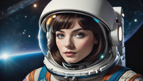 1girl,solo,looking at viewer,bangs,blue eyes,brown hair,hair ornament,star (symbol),lips,helmet,portrait,star (sky),freckles,reflection,realistic,nose,space,planet,earth (planet),spacesuit,space helmet,astronaut,short hair,jewelry,closed mouth,upper body,earrings,eyelashes,makeup,facial mark,lens flare,science fiction,american flag