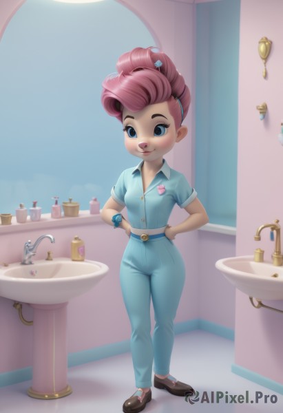 1girl,solo,smile,short hair,blue eyes,shirt,hair ornament,standing,full body,pink hair,short sleeves,hairband,small breasts,shoes,hairclip,belt,pants,indoors,watermark,blue shirt,furry,hands on hips,watch,mirror,furry female,blue pants,wristwatch,bathroom,sink,faucet,blush,jewelry,closed mouth,flower,socks,collared shirt,artist name,bracelet,two-tone hair,lips,window,makeup,buttons,brown footwear,moon,denim,web address,reflection,badge,button badge