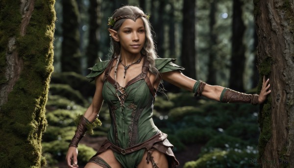 1girl,solo,long hair,breasts,looking at viewer,cleavage,brown eyes,jewelry,medium breasts,braid,cowboy shot,outdoors,pointy ears,dark skin,necklace,armor,blurry,dark-skinned female,tree,lips,depth of field,blurry background,elf,shoulder armor,nature,forest,pauldrons,realistic,nose,bracer,shoulder pads,brown hair,weapon,grey hair,earrings,sword,twin braids,circlet,fantasy,green leotard