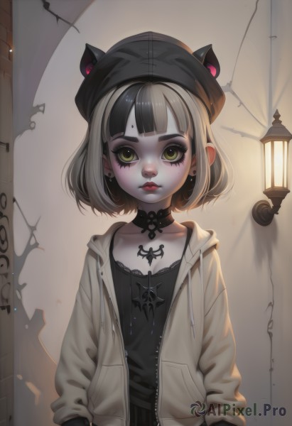 1girl,solo,looking at viewer,short hair,bangs,skirt,shirt,black hair,long sleeves,hat,animal ears,jewelry,closed mouth,green eyes,collarbone,jacket,upper body,white hair,grey hair,multicolored hair,earrings,open clothes,horns,choker,cat ears,hood,blunt bangs,medium hair,mole,two-tone hair,open jacket,lips,black shirt,mole under eye,black headwear,hoodie,tattoo,makeup,beret,black choker,facial mark,piercing,white jacket,hood down,cross,lipstick,pale skin,hooded jacket,camisole,grey jacket,hands in pockets,drawstring,red lips,stud earrings,mascara,cracked wall,eyelashes,freckles,nose,open hoodie