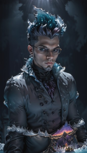 solo,looking at viewer,short hair,blue eyes,black hair,gloves,1boy,jewelry,closed mouth,blue hair,jacket,upper body,male focus,multicolored hair,earrings,glasses,black gloves,artist name,lips,coat,book,fur trim,buttons,glowing,facial hair,beard,black-framed eyewear,realistic,goatee