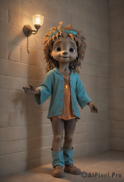 solo,looking at viewer,smile,brown hair,shirt,1boy,jewelry,standing,full body,male focus,open clothes,shoes,pants,necklace,black eyes,child,furry,lamp,furry male,male child,brick wall,animal nose,brown eyes,jacket,socks,mask,brown footwear,against wall