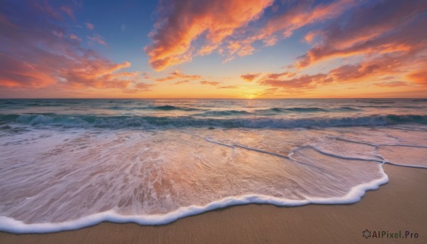 outdoors, sky, cloud, water, no humans, ocean, beach, cloudy sky, scenery, sunset, sand, horizon, waves, evening, shore, orange sky