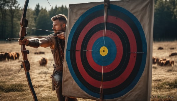 solo,black hair,gloves,long sleeves,1boy,holding,standing,weapon,male focus,outdoors,day,pants,dark skin,holding weapon,blurry,from side,tree,profile,blurry background,facial hair,dark-skinned male,nature,beard,forest,shield,bow (weapon),realistic,arrow (projectile),holding bow (weapon),quiver,aiming,photo background,holding arrow,drawing bow,archery,short hair,brown hair,armor,grass