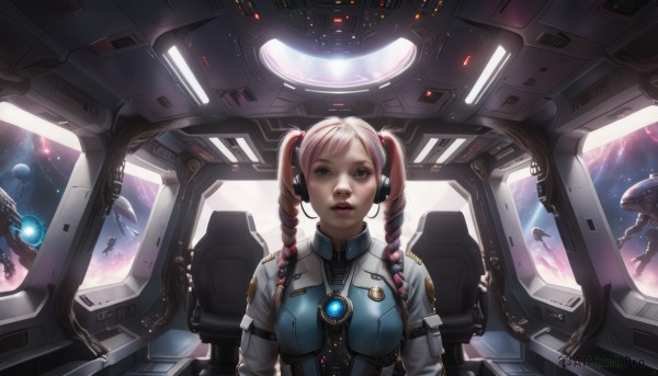 1girl,solo,long hair,breasts,looking at viewer,open mouth,bangs,blue eyes,twintails,upper body,pink hair,braid,teeth,twin braids,lips,bodysuit,makeup,headphones,drill hair,robot,lipstick,mecha,twin drills,headset,science fiction,realistic,pilot suit,space,planet,spacecraft,spacesuit,cockpit,medium breasts,multicolored hair,two-tone hair,freckles,dirty,alien,earth (planet)