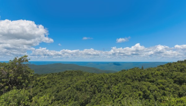 outdoors,sky,day,cloud,water,tree,blue sky,no humans,ocean,cloudy sky,grass,nature,scenery,forest,mountain,horizon,summer,landscape,mountainous horizon,hill,field,island