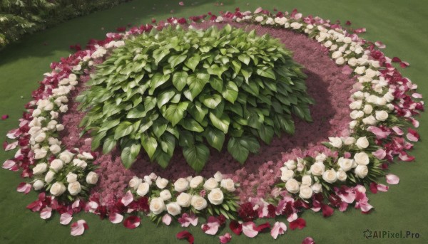 flower,outdoors,day,tree,petals,no humans,rose,leaf,grass,plant,white flower,nature,scenery,bush,white rose,still life,from above,red flower,pink flower,red rose,green theme,rose petals