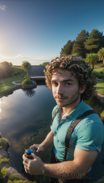 solo,looking at viewer,smile,brown hair,shirt,black hair,1boy,holding,brown eyes,short sleeves,male focus,outdoors,sky,day,collared shirt,water,black eyes,tree,lips,facial hair,suspenders,blue shirt,beard,curly hair,mountain,realistic,mustache,palm tree,camera,river,lake,afro,short hair,blue eyes,upper body,pants,artist name,muscular,sunlight,pectorals,chest hair,arm hair,sunrise