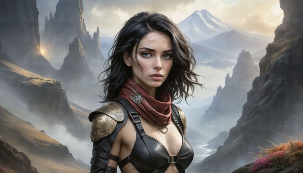 HQ,1girl,solo,long hair,breasts,looking at viewer,blue eyes,black hair,cleavage,medium breasts,upper body,bikini,outdoors,parted lips,sky,cloud,medium hair,scarf,armor,lips,shoulder armor,pauldrons,red scarf,mountain,realistic,nose,bikini armor,fog,brown eyes,swimsuit,cloudy sky,scenery,bikini top only,shoulder pads