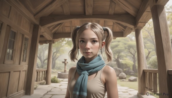 1girl,solo,breasts,looking at viewer,smile,short hair,blonde hair,brown hair,bare shoulders,twintails,brown eyes,closed mouth,upper body,small breasts,outdoors,sleeveless,day,scarf,tree,lips,parted bangs,tank top,short twintails,building,realistic,nose,house,blue scarf,artist name,freckles,rock,architecture