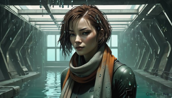 1girl,solo,looking at viewer,short hair,blue eyes,brown hair,closed mouth,green eyes,upper body,indoors,water,scarf,lips,wet,window,bodysuit,scar,freckles,reflection,science fiction,rain,realistic,wet hair,cyborg,bangs,jewelry,earrings,signature,asymmetrical hair,nose,cyberpunk