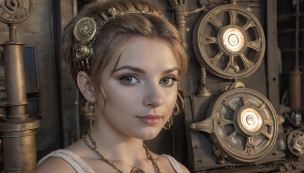 1girl,solo,looking at viewer,smile,short hair,brown hair,hair ornament,jewelry,closed mouth,earrings,necklace,lips,grey eyes,eyelashes,portrait,science fiction,realistic,nose,gears,steampunk,blue eyes,collarbone,upper body,indoors,chain,light smile,close-up,forehead,machinery,hoop earrings,pink lips,clock,gold