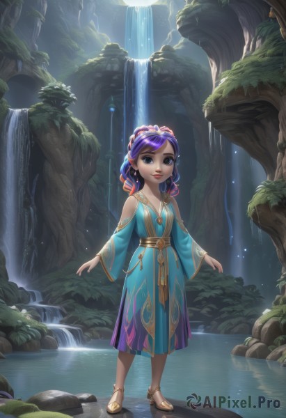 1girl,solo,looking at viewer,blue eyes,hair ornament,long sleeves,dress,bare shoulders,jewelry,standing,full body,purple hair,braid,multicolored hair,earrings,outdoors,water,necklace,tree,lips,clothing cutout,night,blue dress,sandals,plant,child,nature,forest,rock,fantasy,female child,shoulder cutout,waterfall,smile,short hair,open mouth,parted lips,artist name,watermark,web address