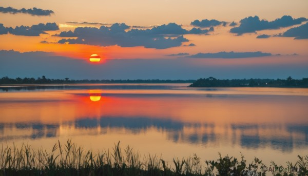 outdoors,sky,cloud,water,tree,no humans,cloudy sky,grass,nature,scenery,forest,reflection,sunset,horizon,road,river,twilight,evening,lake,orange sky,reflective water,mountain,sun,landscape