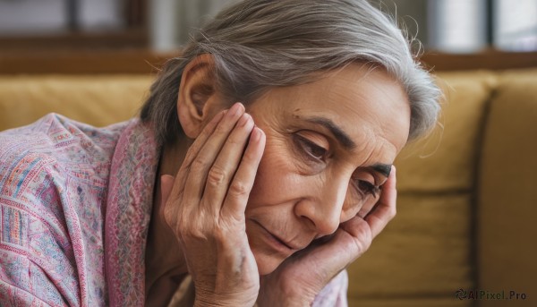 solo,shirt,1boy,closed mouth,upper body,grey hair,male focus,indoors,mole,blurry,black eyes,lips,hands up,depth of field,blurry background,facial hair,looking away,portrait,realistic,nose,hands on own face,old,old man,hands on own cheeks,old woman,wrinkled skin,brown eyes,artist name,signature,head rest