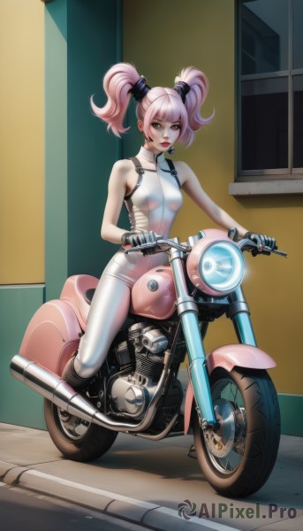 1girl,solo,long hair,breasts,looking at viewer,bangs,hair ornament,gloves,bare shoulders,twintails,brown eyes,jewelry,medium breasts,pink hair,earrings,small breasts,boots,outdoors,sleeveless,pants,artist name,white gloves,lips,bodysuit,makeup,lipstick,ground vehicle,skin tight,motor vehicle,white pants,white bodysuit,motorcycle,bikesuit,on motorcycle,short hair,closed mouth,full body,sidelocks,black gloves,blunt bangs,black footwear,bare arms,sleeveless shirt,shadow,turtleneck,short twintails,pink lips,nose,hair tie,red lips,road,riding,tight,leather,tight pants,biker clothes,leather gloves