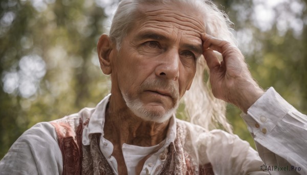 solo,long hair,shirt,long sleeves,1boy,brown eyes,closed mouth,white shirt,upper body,white hair,male focus,outdoors,collared shirt,hand up,blurry,vest,depth of field,blurry background,facial hair,scar,beard,realistic,hand on own head,manly,old,old man,day,grey eyes,dress shirt,portrait,shading eyes