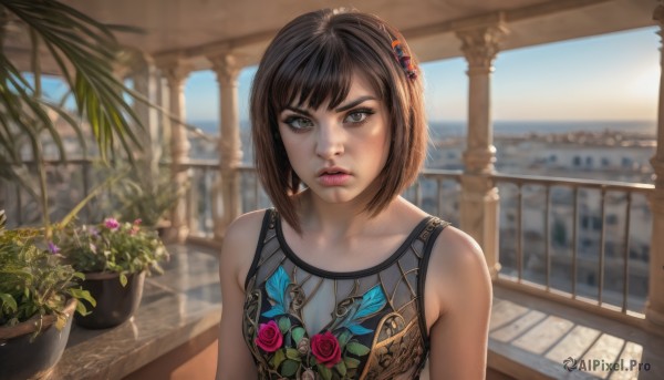 1girl,solo,looking at viewer,short hair,bangs,brown hair,black hair,hair ornament,bare shoulders,brown eyes,upper body,flower,parted lips,sleeveless,day,indoors,blurry,lips,grey eyes,floral print,plant,realistic,nose,railing,potted plant,flower pot,balcony,outdoors,sky,artist name,ocean,tank top