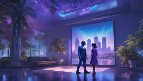 1girl,short hair,shirt,black hair,long sleeves,1boy,hat,dress,standing,jacket,purple hair,pantyhose,necktie,sky,shoes,pants,indoors,black footwear,high heels,window,night,formal,suit,plant,building,scenery,purple dress,reflection,science fiction,city,potted plant,cityscape,wide shot,skyscraper,skyline,tree,coat,mask,goggles,hands in pockets,palm tree,city lights