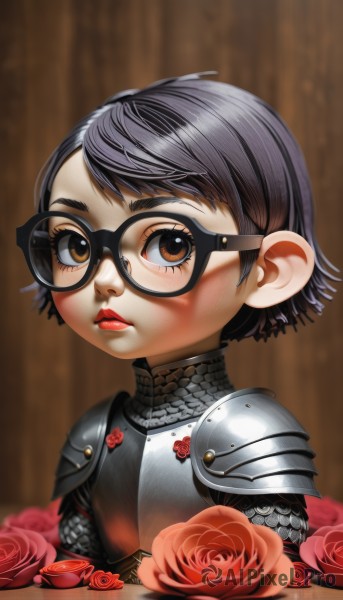 1girl,solo,looking at viewer,blush,short hair,bangs,black hair,brown eyes,closed mouth,upper body,flower,glasses,armor,blurry,lips,eyelashes,makeup,blurry background,rose,lipstick,red flower,shoulder armor,black-framed eyewear,pauldrons,red rose,breastplate,nose,red lips,chainmail,plate armor