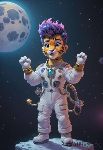 1girl,solo,looking at viewer,smile,short hair,open mouth,gloves,animal ears,jewelry,standing,tail,full body,pink hair,purple hair,:d,multicolored hair,earrings,teeth,white gloves,black eyes,bracelet,hands up,fangs,upper teeth only,moon,ear piercing,star (sky),furry,full moon,starry sky,animal hands,space,tiger ears,tiger print,tiger tail,planet,earth (planet),tiger girl,spacesuit,buck teeth,astronaut,long sleeves,brown eyes,boots,sky,alternate costume,artist name,bodysuit,watermark,facial mark,piercing,white footwear,spiked hair,clenched hands,furry female,whisker markings,undercut,jumpsuit,whiskers