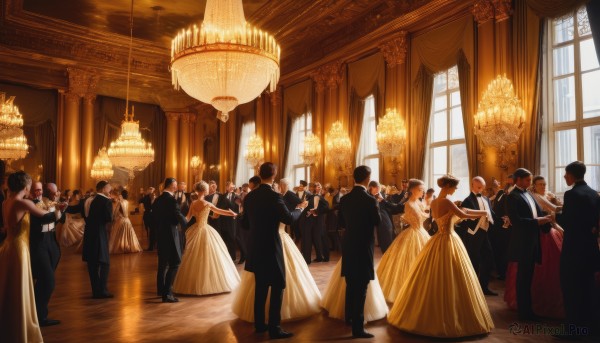 long hair,short hair,multiple girls,blonde hair,brown hair,black hair,gloves,long sleeves,hat,dress,bow,bare shoulders,standing,jacket,flower,multiple boys,necktie,sleeveless,pants,indoors,bowtie,white dress,looking at another,vest,black jacket,window,sleeveless dress,holding hands,6+girls,black pants,formal,sunlight,single hair bun,suit,outstretched arm,6+boys,wedding dress,long dress,dancing,yellow dress,traditional bowtie,crowd,black suit,ceiling,wedding,tuxedo,chandelier,smile,holding,jewelry,ponytail,elbow gloves,white gloves,dark skin,necklace,hair bun,black footwear,black dress,cup,strapless,table,bottle,curtains,strapless dress,faceless,alcohol,drinking glass,walking,faceless male,black bowtie,top hat,backless outfit,lamp,bald,backless dress,faceless female,stage,extra,carpet,gown,white suit,tablecloth,clapping,groom