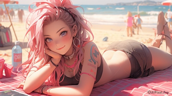 1girl,long hair,breasts,looking at viewer,blush,smile,blue eyes,multiple girls,cleavage,bare shoulders,jewelry,medium breasts,closed mouth,purple eyes,swimsuit,ponytail,pink hair,ass,heart,bikini,multicolored hair,hairband,earrings,outdoors,lying,shorts,barefoot,solo focus,choker,day,midriff,belt,water,necklace,nail polish,blurry,high heels,bracelet,lips,crop top,grey eyes,short shorts,tattoo,makeup,depth of field,blurry background,ocean,umbrella,beach,black shorts,sandals,bottle,denim,on stomach,towel,armlet,denim shorts,head rest,hoop earrings,sand,bangle,arm tattoo,shoulder tattoo,water bottle,hair pulled back,beach umbrella,feet up,the pose,mascara,heart tattoo,beach towel,people,thighs,sky,artist name,cloud,dark skin,collar,blue sky,soles,tank top,butt crack,anklet