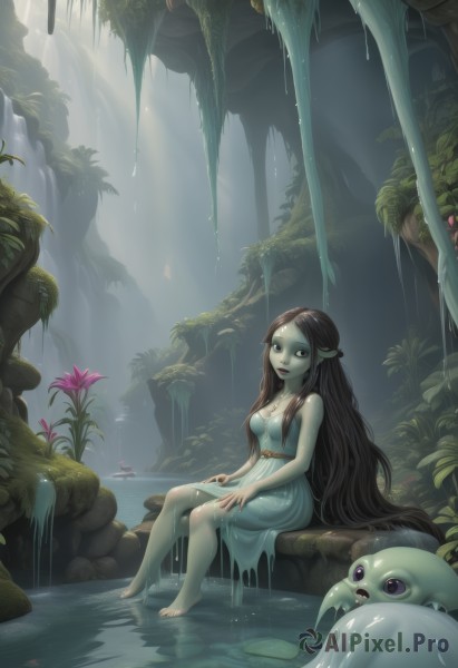 1girl,solo,long hair,breasts,looking at viewer,open mouth,brown hair,black hair,dress,cleavage,bare shoulders,medium breasts,sitting,very long hair,flower,barefoot,pointy ears,water,white dress,tree,wet,colored skin,plant,elf,wet clothes,nature,forest,fantasy,soaking feet,waterfall,lily pad,moss,nail polish,black eyes,lips,bare legs,monster,blue skin,creature,green skin,slime (substance),cave