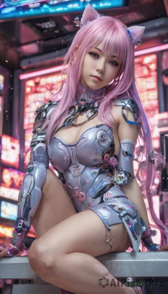 1girl,solo,long hair,breasts,looking at viewer,bangs,blue eyes,large breasts,gloves,animal ears,cleavage,medium breasts,sitting,pink hair,thighs,parted lips,cat ears,fingerless gloves,blurry,leotard,lips,clothing cutout,thigh strap,blurry background,science fiction,realistic,cyborg,cyberpunk,armor,grey eyes,fake animal ears,watermark