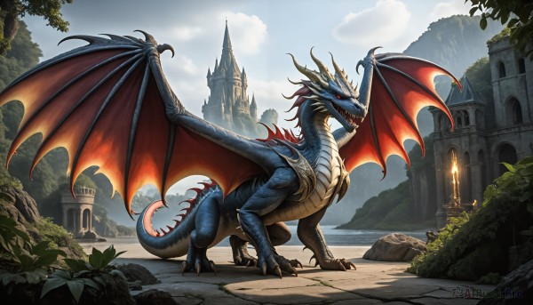 HQ,solo,open mouth,red eyes,standing,tail,outdoors,wings,horns,sky,teeth,day,cloud,water,tree,no humans,fire,sharp teeth,scenery,claws,mountain,fantasy,dragon,scales,castle,waterfall,leaf,cloudy sky,monster,rock,flame,breathing fire