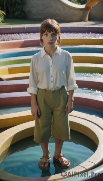 1girl,solo,looking at viewer,short hair,bangs,brown hair,shirt,long sleeves,brown eyes,closed mouth,standing,full body,white shirt,outdoors,shorts,collared shirt,water,lips,dress shirt,buttons,sandals,plant,sleeves rolled up,realistic,arms at sides,pool,green shorts,holding,parted lips,pants,blurry,toes,blurry background,phone,cellphone,holding phone,toenails