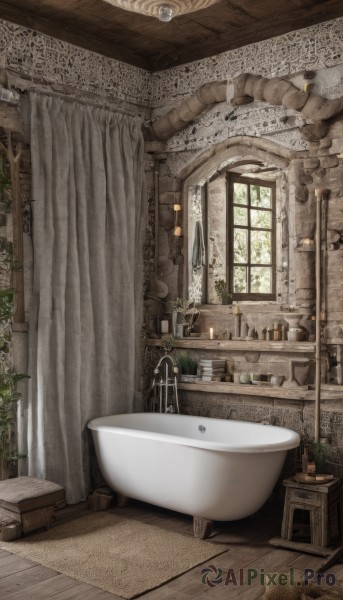 day,indoors,no humans,window,plant,curtains,scenery,mirror,door,tiles,potted plant,candle,bathing,bath,bathroom,stool,bathtub,toilet,shower head,sink,candlestand,rug,faucet,chair,wooden floor,lamp,chandelier