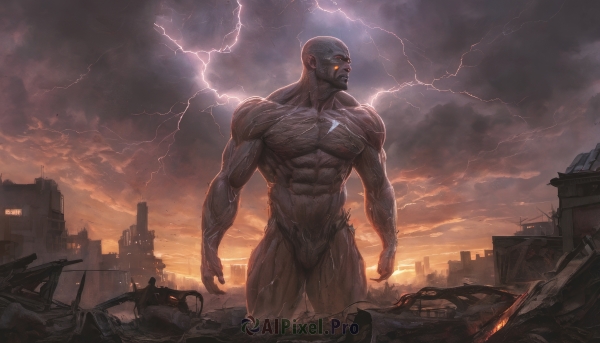 solo,red eyes,1boy,navel,standing,yellow eyes,male focus,thighs,outdoors,sky,cloud,muscular,glowing,colored skin,abs,cloudy sky,pectorals,muscular male,building,glowing eyes,veins,city,electricity,bald,manly,ruins,lightning,destruction,rubble,nude,teeth,pointy ears,signature,water,wet,looking to the side,completely nude,thick thighs,bara,large pectorals,sunset,cityscape,giant,biceps,veiny arms