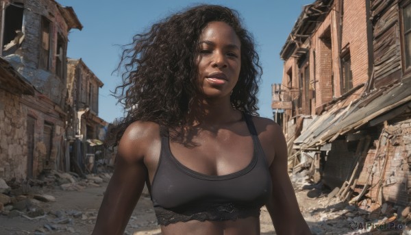 1girl,solo,long hair,breasts,large breasts,black hair,cleavage,medium breasts,underwear,upper body,outdoors,parted lips,sky,day,dark skin,bra,dark-skinned female,blue sky,lips,building,messy hair,curly hair,sports bra,realistic,ruins,very dark skin,looking at viewer,brown hair,bare shoulders,brown eyes,road,dirty,street