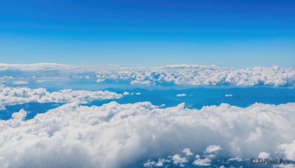 monochrome,outdoors,sky,day,cloud,blue sky,no humans,ocean,cloudy sky,scenery,flying,blue theme,horizon,landscape,above clouds,water,bird