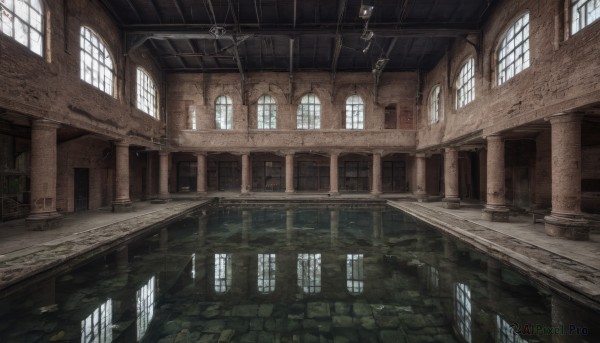 day,indoors,water,no humans,window,sunlight,building,scenery,stairs,door,architecture,ruins,pillar,ceiling,hallway,church,arch,chandelier,broken window,reflection,light rays,light,bridge,ceiling light