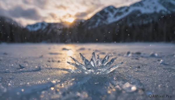 outdoors,sky,cloud,blurry,no humans,depth of field,blurry background,cloudy sky,scenery,light particles,snow,lens flare,reflection,sunset,ice,crystal,snowing,mountain,sun,winter,bokeh,landscape,1girl,solo,standing,day,from behind,sunlight,footprints