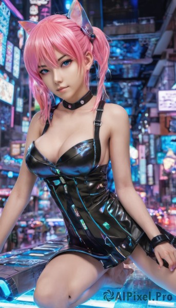 1girl,solo,long hair,breasts,looking at viewer,bangs,blue eyes,large breasts,hair ornament,dress,animal ears,cleavage,hair between eyes,bare shoulders,twintails,medium breasts,collarbone,pink hair,parted lips,barefoot,sleeveless,choker,shiny,cat ears,nail polish,blurry,black dress,lips,bare legs,kneeling,blurry background,fake animal ears,black choker,short dress,wristband,zipper,realistic,cyberpunk,closed mouth,thighs,signature,shiny skin,sleeveless dress,watermark,building,shiny clothes,city