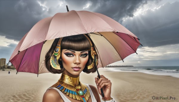 1girl,solo,looking at viewer,short hair,bangs,brown hair,black hair,holding,bare shoulders,brown eyes,jewelry,upper body,outdoors,sky,day,cloud,dark skin,blunt bangs,necklace,bracelet,dark-skinned female,lips,makeup,umbrella,beach,sunlight,bob cut,cloudy sky,lipstick,eyeshadow,nose,sand,eyeliner,parasol,neck ring,egyptian,egyptian clothes,desert,nail polish,fingernails,eyelashes,headphones,ocean,thick eyebrows,portrait,realistic,watercraft,mascara