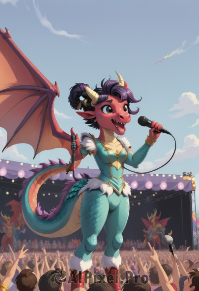 1girl,breasts,blush,smile,short hair,open mouth,multiple girls,black hair,holding,cleavage,jewelry,medium breasts,standing,tail,purple hair,short sleeves,earrings,boots,outdoors,wings,horns,sky,teeth,solo focus,day,tongue,pointy ears,pants,artist name,cloud,signature,tongue out,nail polish,black eyes,bracelet,blue sky,fingernails,fur trim,makeup,colored skin,fangs,piercing,sharp teeth,monster girl,instrument,microphone,claws,spikes,dragon horns,fur collar,dragon girl,dragon tail,music,sharp fingernails,scales,giant,green skin,holding microphone,singing,idol,red skin,giantess,crowd,dragon wings,stage,people,concert,audience,solo,shirt,brown eyes,ponytail,weapon,small breasts,armor,watermark,facial mark,knee boots,red footwear,furry,blue skin,dragon,furry female,fur-trimmed boots