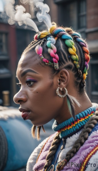 1girl,solo,long hair,open mouth,black hair,hair ornament,brown eyes,jewelry,upper body,braid,multicolored hair,earrings,parted lips,teeth,dark skin,necklace,mole,blurry,from side,dark-skinned female,lips,fur trim,eyelashes,mole under eye,profile,makeup,depth of field,blurry background,looking away,piercing,feathers,sharp teeth,lipstick,portrait,eyeshadow,smoke,freckles,beads,realistic,nose,very dark skin,hair beads,multiple braids,blue hair,jacket,pink hair,outdoors,green hair,day,tongue,artist name,tongue out,two-tone hair,streaked hair,single braid,watermark,gem,mole under mouth,hair over shoulder,feather hair ornament,facepaint,looking afar,mascara